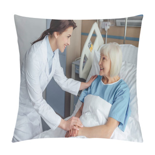 Personality  Happy Female Doctor Holding Hands And Consulting Senior Woman Lying In Hospital Bed Pillow Covers
