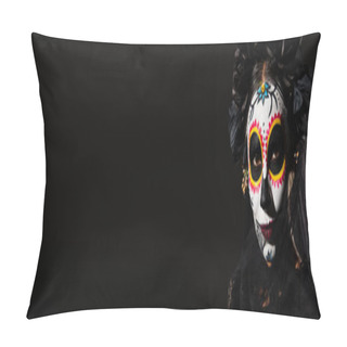 Personality  Portrait Of Woman In Halloween Costume And Creepy Makeup Looking At Camera Isolated On Black, Banner Pillow Covers