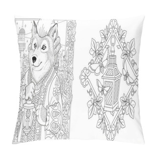 Personality  Coloring Pages. Wolf Seaman With Lantern And Lighthouse On The Background. Line Art Design For Adult Colouring Book With Doodle And Zentangle Elements. Vector Illustration. Pillow Covers