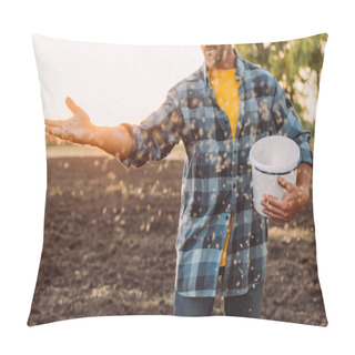 Personality  Cropped View Of Farmer In Checkered Shirt Sowing Seeds On Plowed Field Pillow Covers