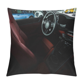 Personality  KYIV, UKRAINE - OCTOBER 7, 2019: Car Seat Near Steering Wheel In Porshe Pillow Covers