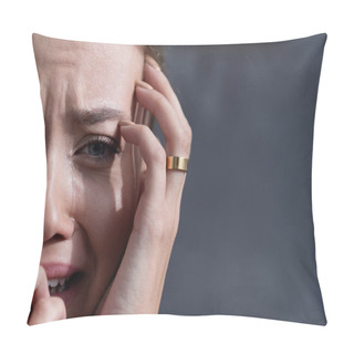 Personality  Partial View Of Upset Young Woman With Ring Crying And Looking At Camera Pillow Covers