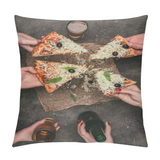 Personality  Close-up View Of Friends Sharing Pizza And Drink On Dark Background Pillow Covers
