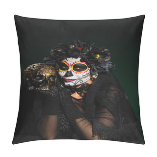 Personality  Smiling Woman In Mexican Halloween Costume Holding Skull On Dark Green Background  Pillow Covers