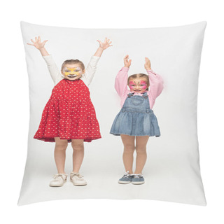 Personality  Full Length View Of Adorable Children With Cat Muzzle And Butterfly Paintings On Faces Standing With Raised Hands On White Background Pillow Covers