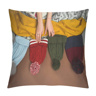 Personality  Woman Choosing Winter Hat Pillow Covers
