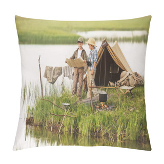 Personality  Two Boys Set Up Camp, And Kindle The Fire, Sitting On The Shore Of The Lake On A Summer Evening Pillow Covers