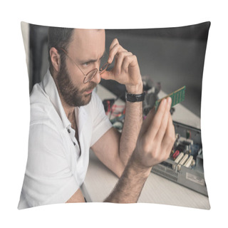Personality  Man Looking On Ram Memory In His Hands Over Table Pillow Covers