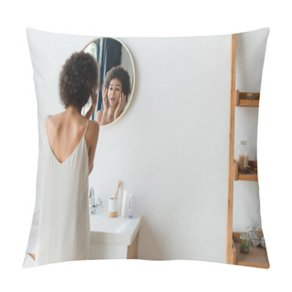 Personality  Blurred African American Woman Applying Eye Patches In Bathroom  Pillow Covers