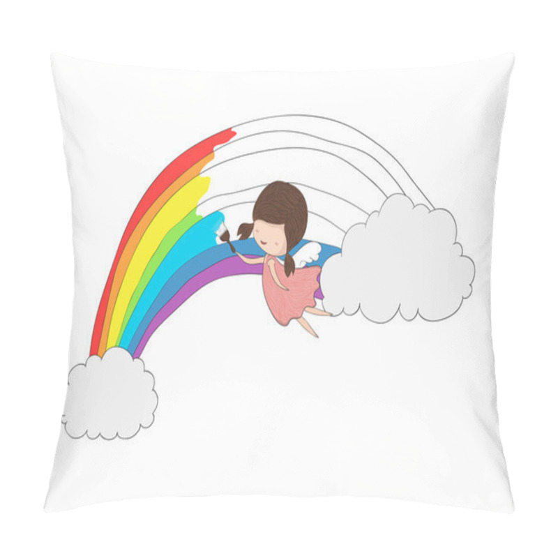 Personality  Cute doodle of a girl angel painting a rainbow between two cloud pillow covers