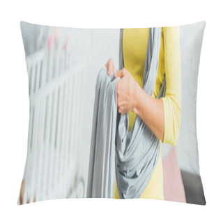Personality  Panoramic Shot Of Woman Carrying Baby Sling At Home  Pillow Covers