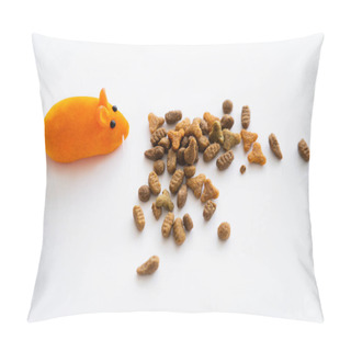 Personality  Top View Of Dry Cat Food Near Orange Rubber Mouse Isolated On White Pillow Covers