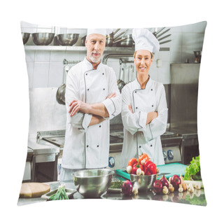 Personality  Female And Male Chefs In Uniform With Arms Crossed During Cooking In Restaurant Kitchen Pillow Covers