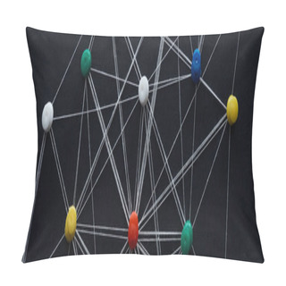 Personality  Panoramic Shot Of Push Pins Connected With Strings Isolated On Black, Network Concept Pillow Covers