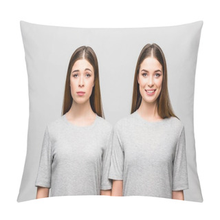 Personality  Portrait Of Twin Sisters In Grey Tshirts Showing Emotions Isolated On Grey Pillow Covers