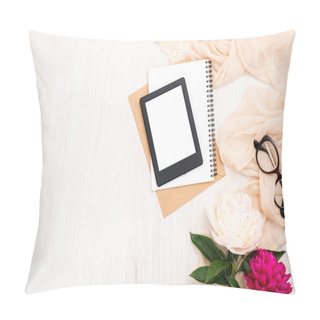 Personality  Fashion Blogger Home Office Desk With Woman Items : Modern E-book Reader, Paper Notepad, Beige Scarf, Peonies Flowers, Glasses. Top View, Tender Minimal Flat Lay Style Composition. Pillow Covers