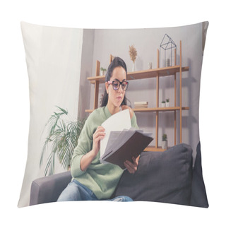 Personality  Brunette Student In Eyeglasses Holding Papers On Couch  Pillow Covers