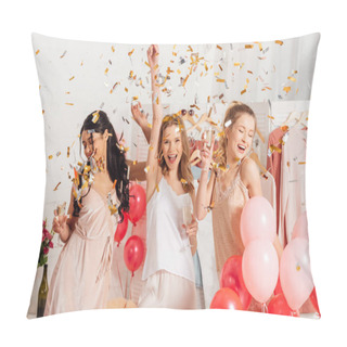 Personality  Beautiful Cheerful Multicultural Girls Holding Champagne Glasses And Celebrating Under Falling Confetti During Pajama Party Pillow Covers