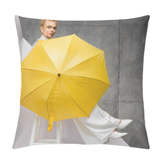 Personality  Beautiful Girl Sitting On Chair And Holding Yellow Umbrella On White And Grey  Pillow Covers