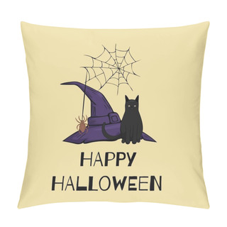 Personality  Vector Halloween Illustration For A Poster Or Greeting Card. A Witch Hat, A Cat And Spider Web On A Yellow Background. Pillow Covers