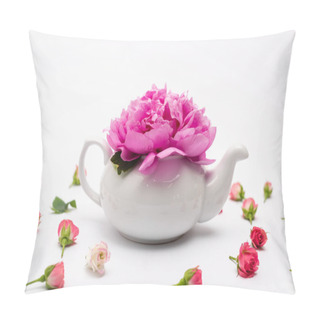 Personality  Pink Flower In Porcelain Teapot Near Small Tea Roses On White Pillow Covers