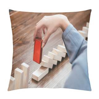 Personality  Cropped View Of Woman Picking Red Wooden Brick From Row Of Blocks Pillow Covers