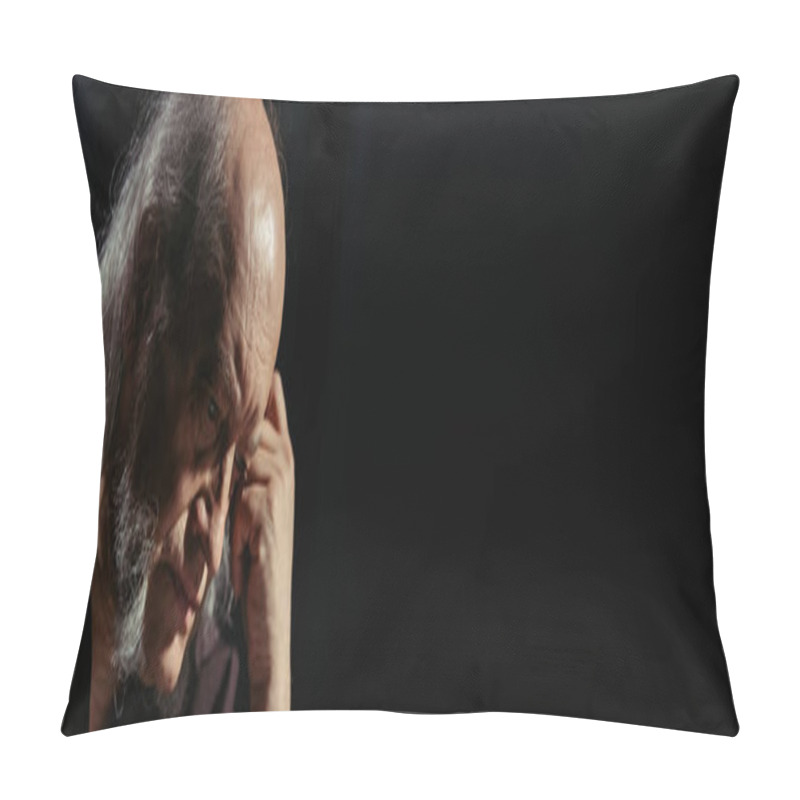 Personality  pensive medieval philosopher thinking with bowed head isolated on black, banner pillow covers