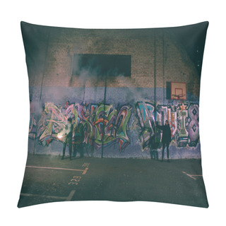 Personality  People Holding Smoke Bombs And Standing Against Wall With Graffiti At Night Pillow Covers