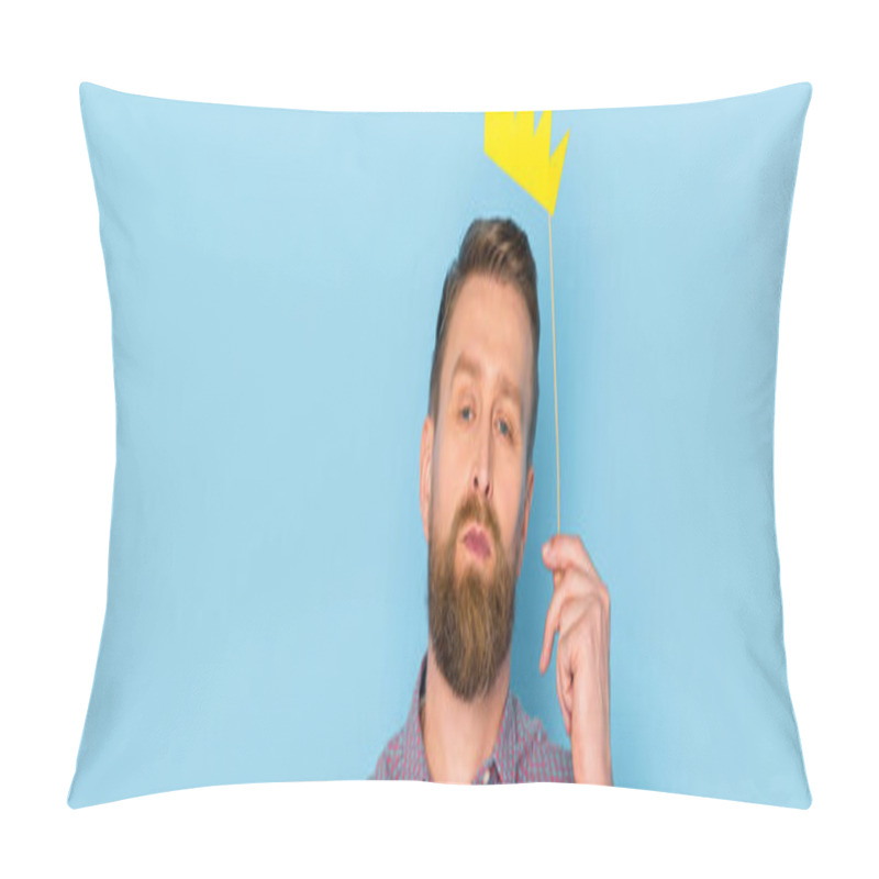 Personality  panoramic shot of man holding paper crown on blue background  pillow covers