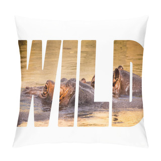 Personality  Word WILD Over African Hippo In Their Natural Habitat. Pillow Covers