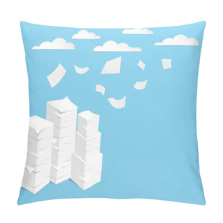 Personality  Stack Of White Sheets And Flying Paper In Blue Background With Clouds On Blue Sky Pillow Covers
