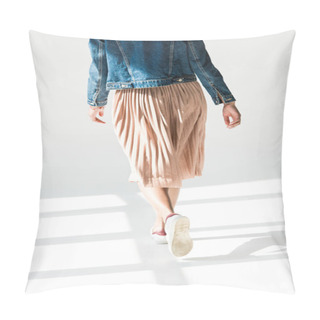Personality  Woman In Beige Skirt And Denim Jacket Pillow Covers