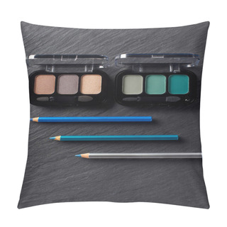 Personality  Eye Shadows Palettes And Blue Eye Pencils On Dark Slate Background Pillow Covers