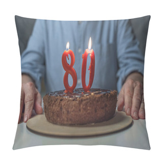 Personality  Close-up View Of Senior Man Celebrating 80 Anniversary With Cake And Burning Number Candles Pillow Covers