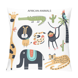 Personality  Set Of Diferent Cartoon African Animals. Cute Handdrawn Kids Clip Art Collection. Vector Illustration Pillow Covers