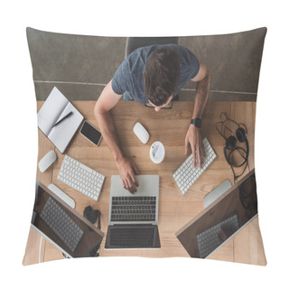 Personality  Overhead View Of Programmer Using Computers At Workplace Pillow Covers