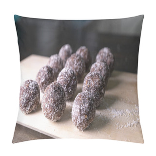 Personality  Homemade Energy Balls With Dates, Walnuts, Almonds And Coconut. Healthy Sweet Food. Copy Space Energy Balls In A Bowl On A White Background.Raw Energy Balls, All Natural Healthy Raw Energy Bites Pillow Covers