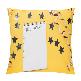 Personality  Notebook With 2020 Goals With Empty Numbered Points Near Decorative, Shiny Stars And Serpentine On Yellow Surface Pillow Covers
