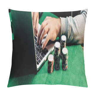 Personality  Panoramic Shot Of Man Typing On Laptop Near Poker Chips Pillow Covers