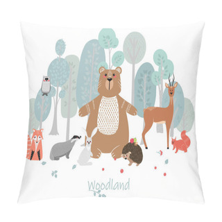 Personality  Cute Animals On The Background Of The Forest, Trees, Plants. Fox, Badger, Squirrel, Owl, Deer, Doe, Roe Deer, Hare, Rabbit, Hedgehog, Bear Forest Animals Vector Illustrations In The Scandinavian Style Pillow Covers