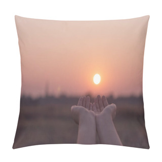 Personality  Woman Hands Place Together Like Praying In Front Of Nature Blur Beach Sunset Sky Background. Pillow Covers