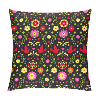 Personality  Colorful Mexican Flowers, Leaves And Birds On Dark Background. Traditional Seamless Pattern For Fiesta Party. Floral Folk Art Design From Mexico. Mexican Folklore Ornament. Pillow Covers