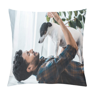 Personality  Side View Of Smiling And Handsome Bi-racial Man Holding Jack Russell Terrier Pillow Covers