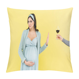 Personality  Pregnant Woman Showing Stop Gesture Near Wine Glass Isolated On Yellow Pillow Covers