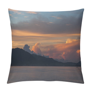 Personality  Hill Silhouette With Dark Water Surface Under Cloudy Sunset Sky Pillow Covers