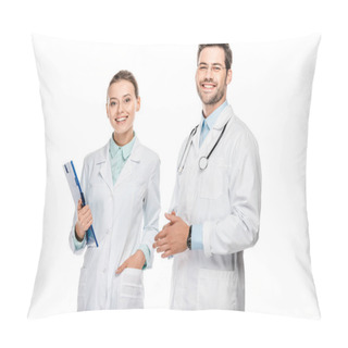 Personality  Happy Female Doctor Holding Clipboard While Her Male Colleague Standing Near Isolated On White  Pillow Covers
