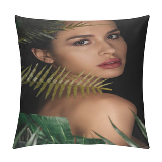 Personality  Portrait Of Attractive Girl Near Leaves Looking At Camera Isolated On Black Pillow Covers