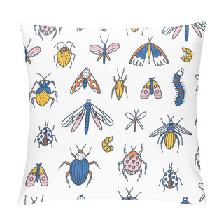 Personality  Colorful Cartoon Insects, Bugs And Beetles On White Background, Vector Seamless Pattern Pillow Covers