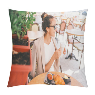 Personality  Young Beautiful Woman In Glasses Having French Breakfast In Cafe Pillow Covers