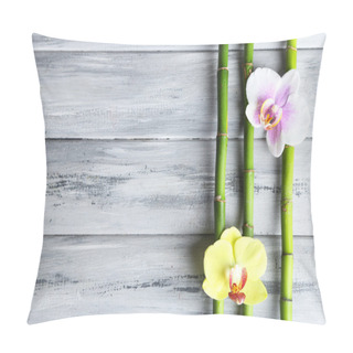 Personality  Orchid Flowers  And Bamboo With Pile Stones On Wooden Background Pillow Covers